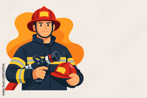 Male firefighter holding helmet and hose, smiling cartoon illustration