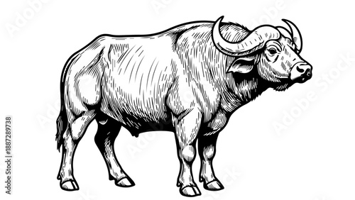 Black and white illustration of a buffalo with large curved horns and textured fur