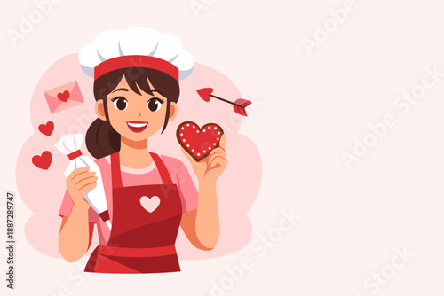Female asian young baker with heart cookie and piping bag