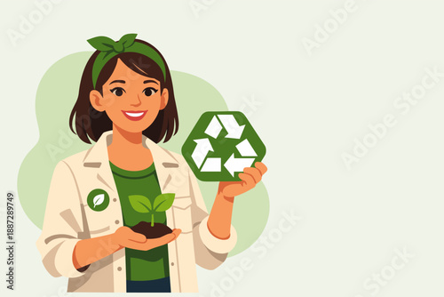 Young asian female holding a recycle symbol promoting eco-friendly practices