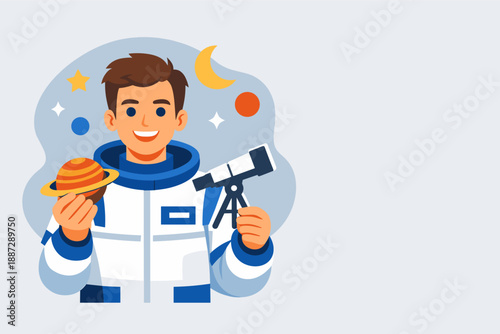 Young caucasian male astronomer holding telescope and planet illustration