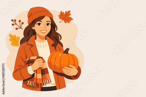 Young caucasian female with pumpkin and autumn leaves in cozy fall outfit