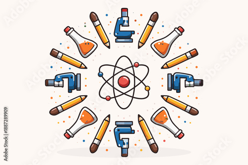 Science education concept with atom, microscopes, pencils, and flasks