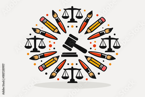 Artistic representation of justice with gavel and paintbrushes