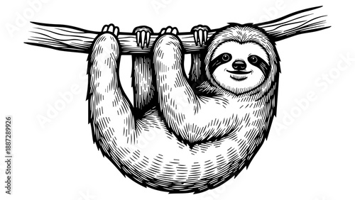 Black and white line art illustration of a sloth hanging from a tree branch