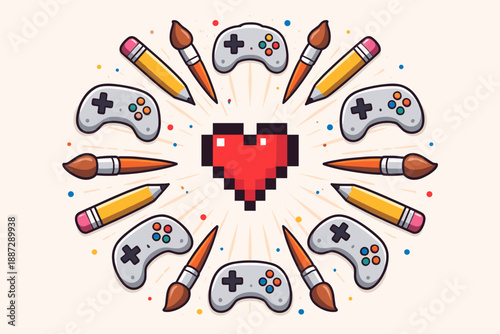 Retro pixel heart surrounded by gaming controllers, paintbrushes, and pencils