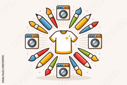 Creative design theme with art supplies and t-shirt surrounded by paintbrushes and pencils