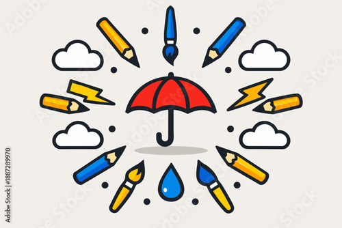 Colorful creative elements exploding around a red umbrella
