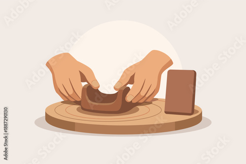 Hands shaping clay on pottery wheel for ceramic art creation