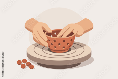 Hands crafting clay bowl on potter's wheel with ceramic beads