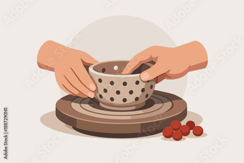 Hands crafting pottery with clay bowl and beads