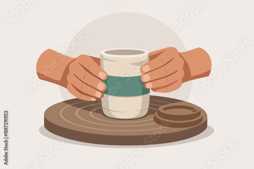 Hands holding coffee cup on wooden table