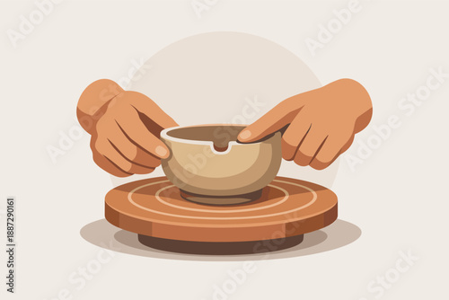 Hands shaping clay bowl on pottery wheel