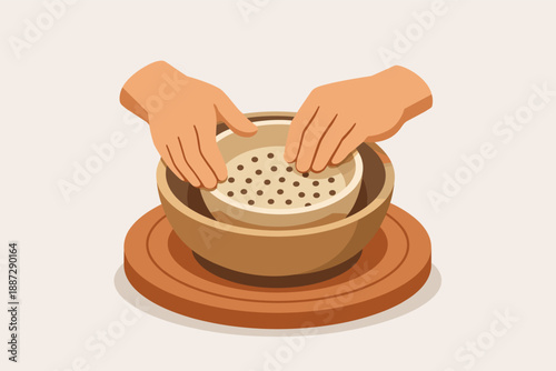 Hands sifting flour in wooden bowls for baking preparation