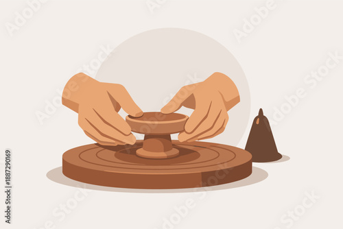 Hands crafting pottery on wheel with clay tools in brown tones