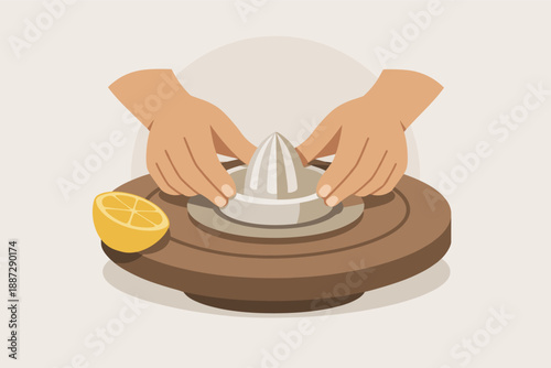 Hands using citrus juicer with lemon half on wooden table