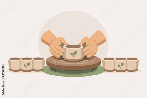Hands crafting clay pot with nature motif on pottery wheel