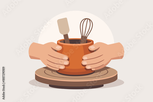 Clay pot crafting with kitchen utensils on a rotating wheel