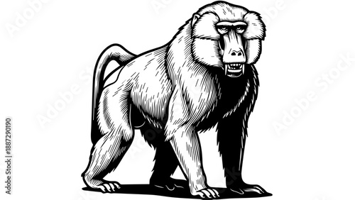 High-contrast black-and-white illustration of a baboon in a natural upright stance