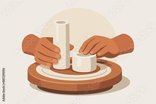 Hands crafting clay pottery on wheel in minimalist art style
