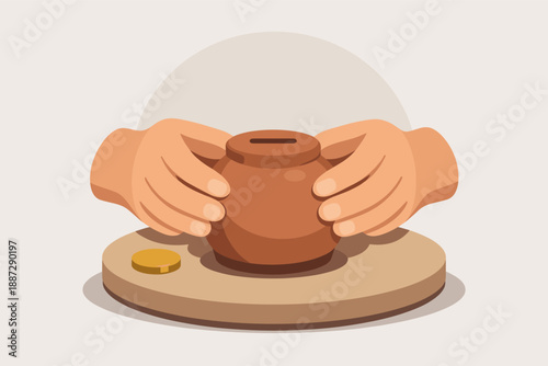 Hands crafting clay pot on pottery wheel with coin