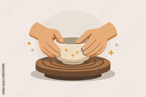 Hands crafting ceramic pot on wheel: artistic pottery process