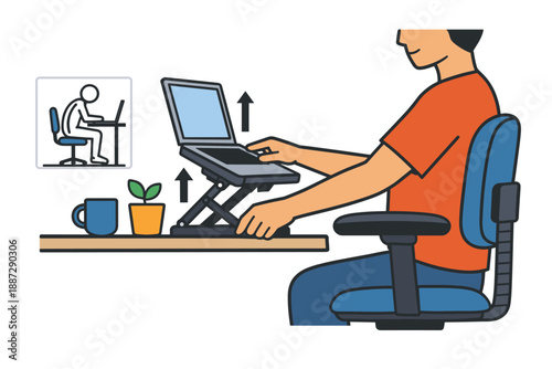 Young adult with laptop at ergonomic desk setup in office environment