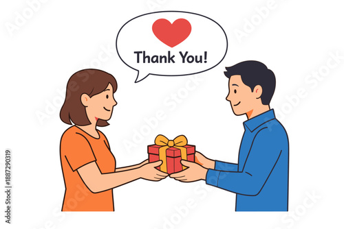 Cartoon of asian young female giving gift to asian young male with heartfelt thank you message
