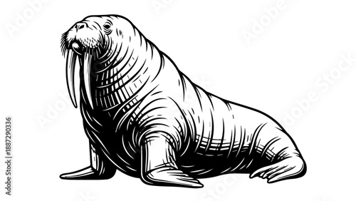 High-contrast black-and-white illustration of a walrus with prominent tusks and detailed textures