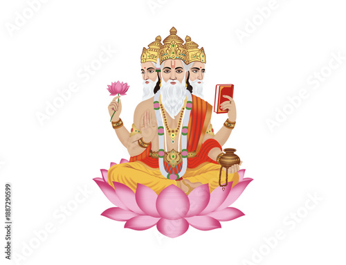 Lord Brahma Hindu God Creator Illustration Sitting on Lotus
