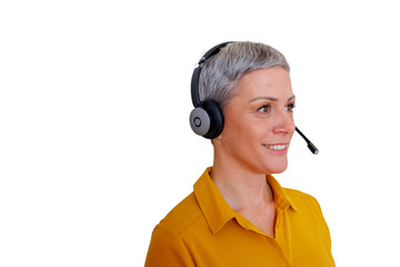Customer support specialist wearing headset, smiling, providing helpful service while communicating, transparent background