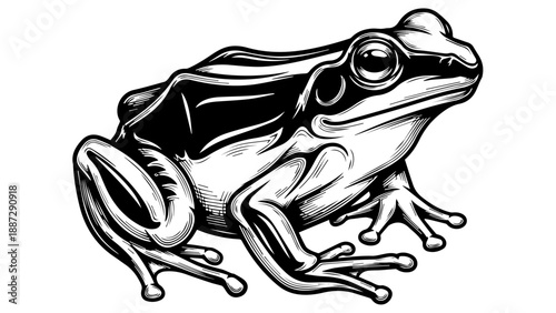 Black and white illustration of a frog in three-quarter view