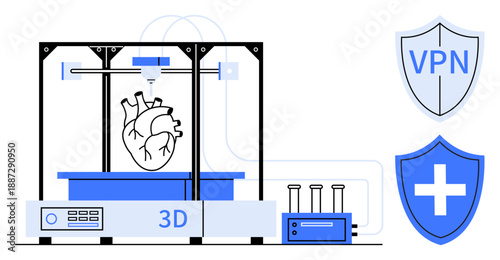 Healthcare innovation, 3D printing, cybersecurity, data protection, medical technology, secure solutions. A 3D printer creating a heart with security shields. Healthcare innovation and 3D printing