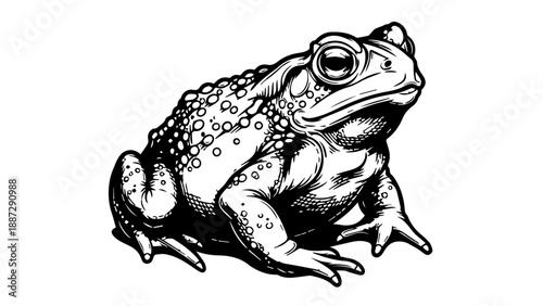 High-contrast black-and-white illustration of a frog with textured skin and expressive eyes