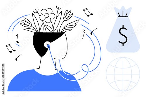Person with plants emerging from head and earphones surrounded by music notes, money bag symbol, and globe. Ideal for creativity, music, growth, finance, global ideas, mental health inspiration
