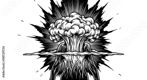 High-contrast black-and-white illustration of a dynamic mushroom cloud with radiating lines