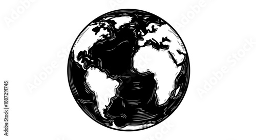 Stylized circular illustration of Earth with continents in black and white