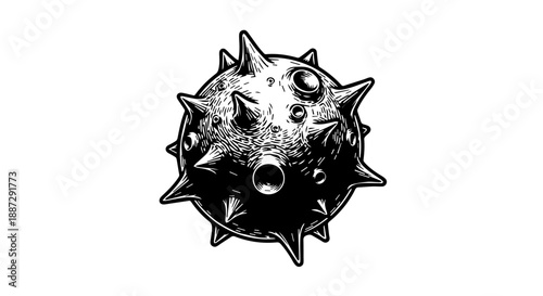 High-contrast black-and-white illustration of a spiky spherical creature resembling a porcupine or sea urchin