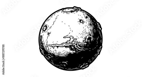 High-contrast black and white illustration of a rugged celestial body surface with craters and ridges