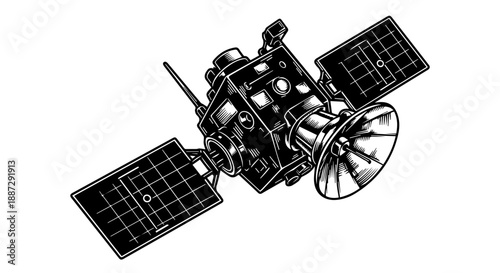 Detailed black and white satellite illustration with solar panels and antenna