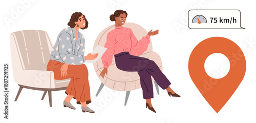 Transportation, navigation tools, location services, social interaction, sharing ideas, remote collaboration. Two women sitting and talking with a speedometer and map pin. Navigation tools