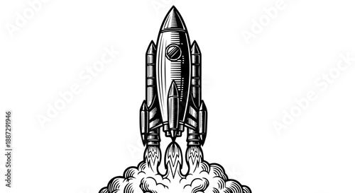 Black and white illustration of a rocket in mid-launch with flames and stabilizing fins