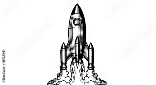 Black and white illustration of a rocket launch with flames and smoke