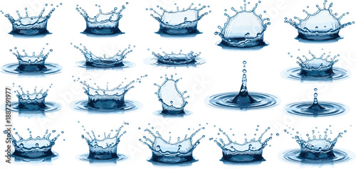 Collage of water splash effects in various forms and dynamics, showcasing different impact moments from various angles and perspectives