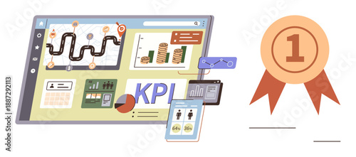 Business success, performance tracking, goal achievement, data management, financial insights, analytics tools. A dashboard displays KPI visuals, graphs, and maps accompanied by a number 1 award