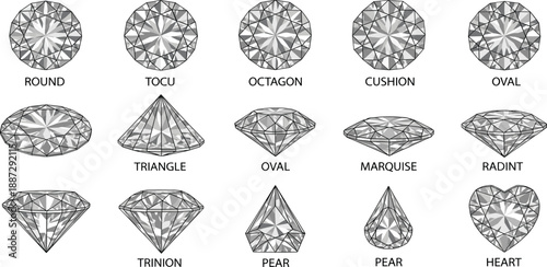 Various diamond shapes illustrated in a grid layout showcasing different cuts and faceting styles for jewelry design and gemstone reference