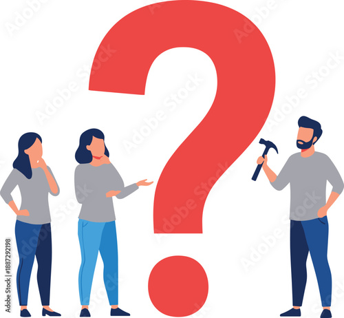 Three people standing near a giant red question mark, discussing and pondering with a thoughtful atmosphere