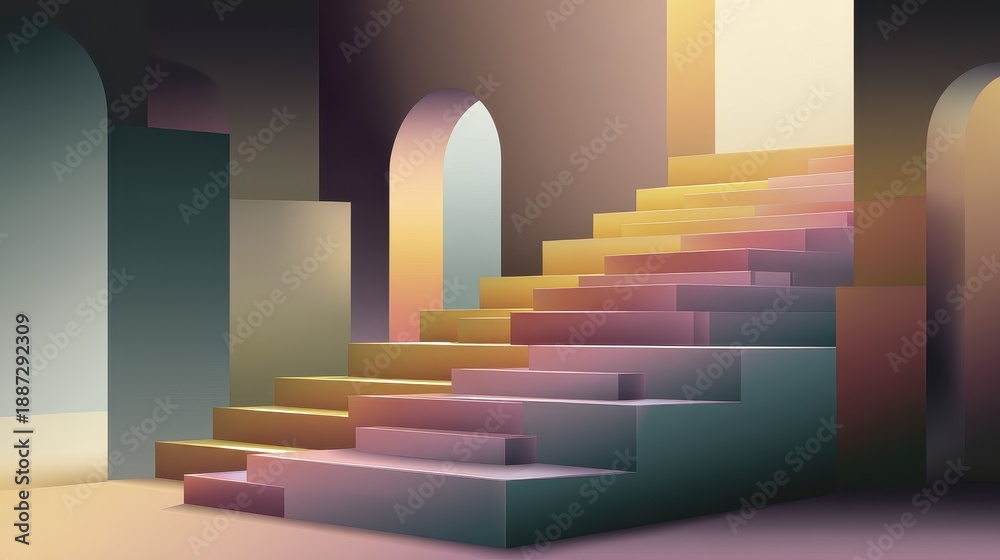 Obraz premium Abstract staircase of dashboards leading upward, conceptual business art, muted gradient colors, flat futuristic style