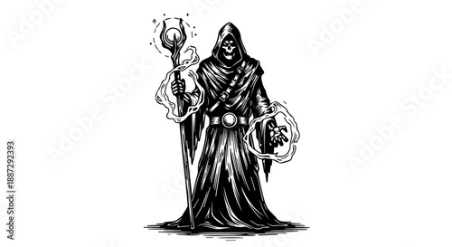 Skeletal figure with staff and shield in black-and-white illustration