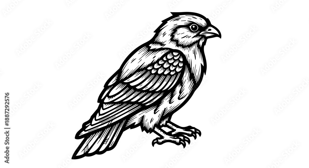 Obraz premium Black and white line drawing of a hawk with intricate feather details